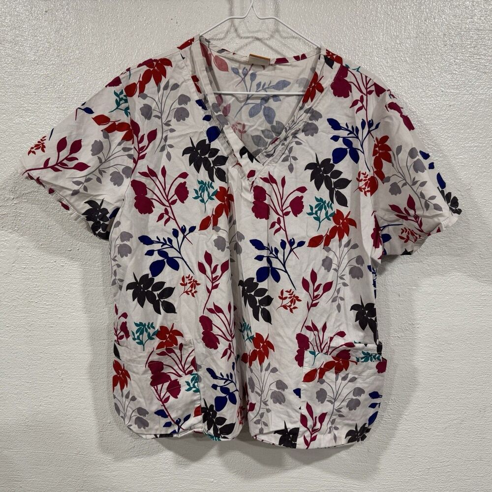 ICU By Barco Scrub Top Medium V-Neck Floral Leaf Print Nurse Uniform